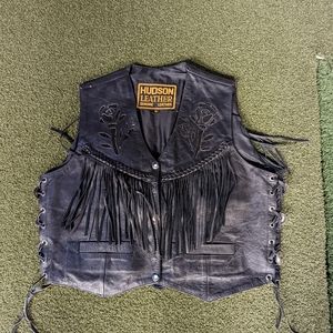 Vintage Leather Motorcycle Biker Vest with Roses Fringe Concho